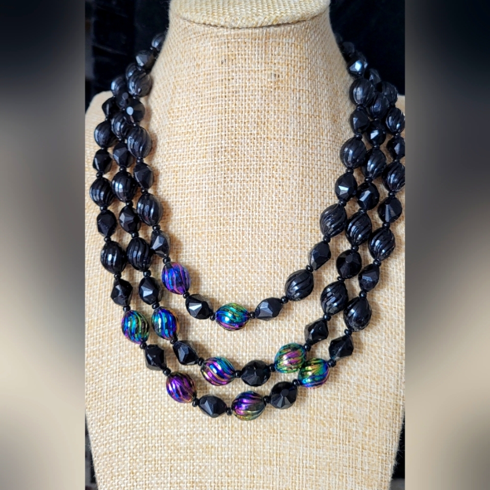 VintageWest Germany Black  Iridescent Lucite Beaded Necklace